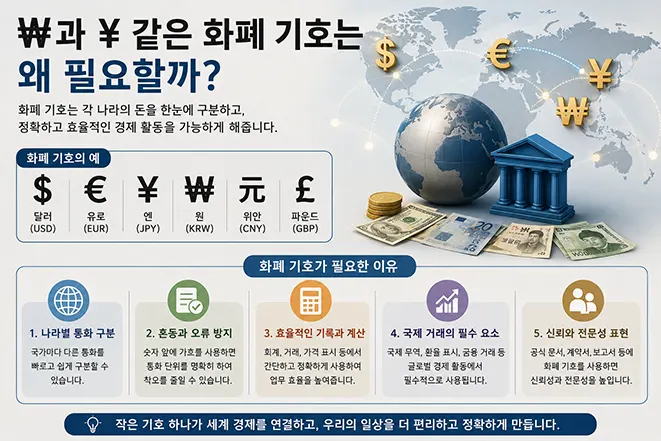 원화 ₩, 엔화와 위안화 ¥, 달러 $, 유로 €, 파운드 £ 등 세계 화폐 기호의 필요성과 역할을 설명하는 이미지
