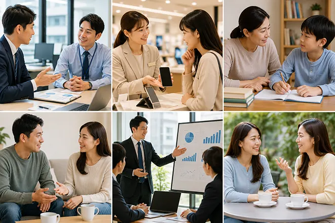 직장, 가정, 고객 상담, 발표 등 다양한 일상에서 설득과 소통이 이루어지는 상황을 표현한 이미지