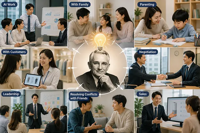 직장, 가정, 협상, 영업, 리더십, 고객 응대 등 다양한 상황에서 데일 카네기의 설득 원칙을 활용하는 모습을 표현한 이미지