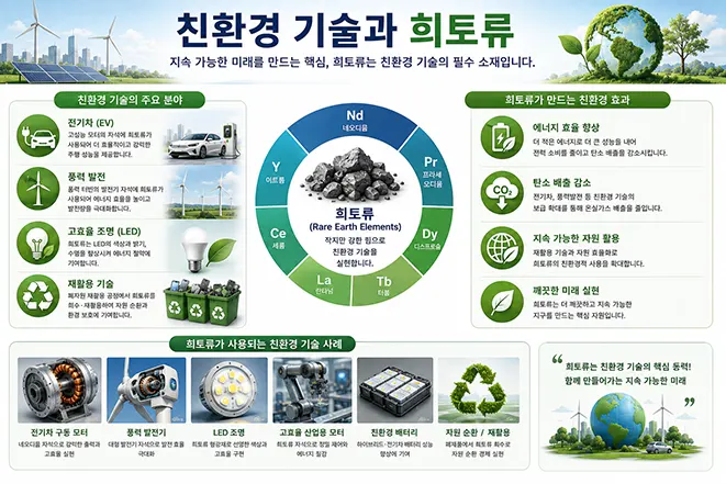 전기차, 풍력발전, LED 조명, 재활용 등 친환경 기술과 네오디뮴·프라세오디뮴 등 희토류의 활용 및 환경 효과를 설명하는 인포그래픽