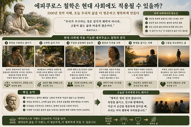 에피쿠로스 철학의 욕망 절제, 소박한 삶, 우정, 불안 관리, 현재에 집중하는 태도를 현대인의 생활과 연결하여 설명하는 이미지