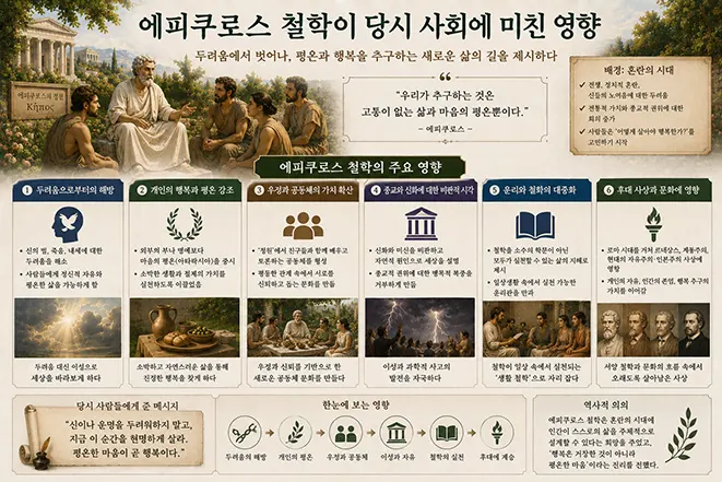 에피쿠로스 철학이 헬레니즘 시대의 개인적 평온, 우정과 공동체, 종교와 자연관, 철학의 대중화와 후대 사상에 미친 영향을 설명하는 이미지