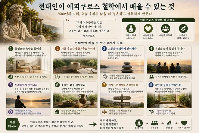 에피쿠로스 철학에서 현대인이 배울 수 있는 욕망의 절제, 현재의 즐거움, 우정, 두려움 극복, 소박한 삶과 마음의 평온을 설명하는 이미지