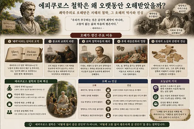에피쿠로스 철학이 쾌락이라는 단어의 오해, 종교와 교회의 비판, 다른 철학자들의 공격과 문헌 소실로 오랫동안 오해받은 이유를 설명하는 이미지