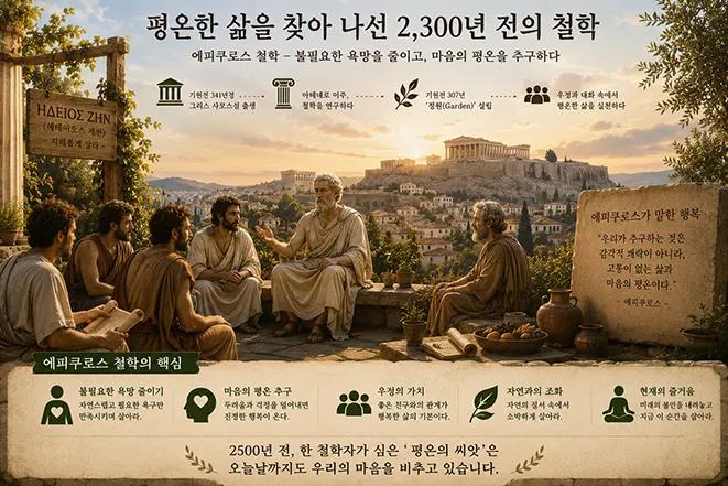 고대 아테네에서 에피쿠로스와 제자들이 정원에 모여 대화하는 모습을 통해 욕망의 절제, 마음의 평온, 우정과 소박한 삶을 표현한 이미지