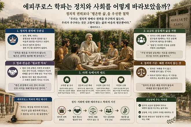 에피쿠로스가 정원에서 제자들과 대화하는 모습을 중심으로 정치적 권력, 우정과 공동체, 정의와 사회생활에 대한 에피쿠로스 학파의 관점을 설명하는 이미지
