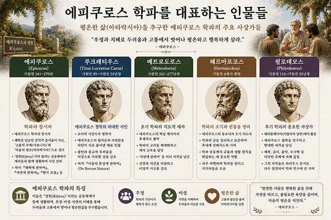 에피쿠로스 학파를 대표하는 에피쿠로스, 루크레티우스, 메트로도로스, 헤르마르코스, 필로데모스의 사상과 역할을 소개하는 이미지