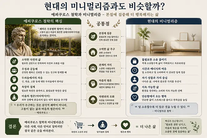 에피쿠로스 철학과 현대 미니멀리즘의 공통점인 욕망의 절제, 소박한 삶, 관계의 가치, 마음의 평온과 자연과의 조화를 비교한 이미지