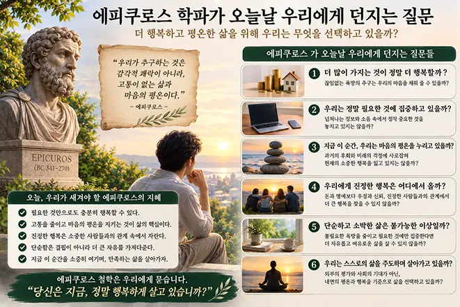 에피쿠로스 철학을 바탕으로 행복, 욕망, 마음의 평온, 인간관계, 소박한 삶과 현재의 행복에 대해 현대인에게 질문을 던지는 이미지