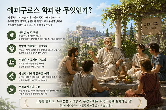 에피쿠로스가 아테네의 정원에서 제자들과 대화하며 에피쿠로스 학파의 핵심 철학을 설명하는 모습