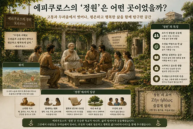 고대 아테네의 에피쿠로스 정원에서 에피쿠로스와 제자들이 함께 생활하며 철학과 우정, 평온한 삶을 실천하는 모습