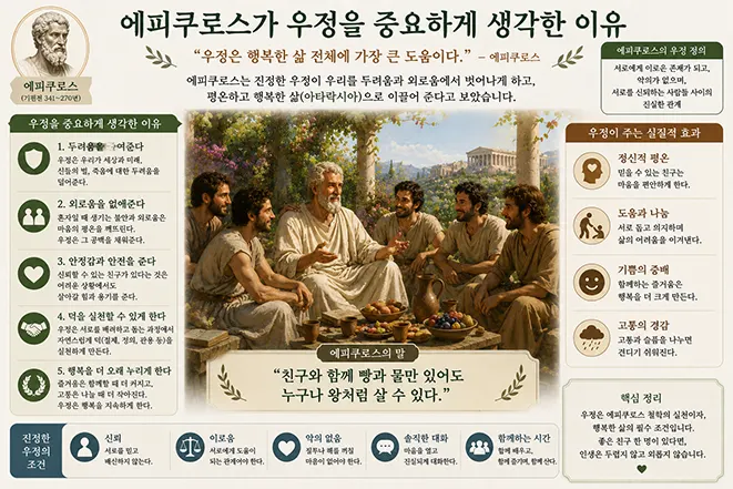 에피쿠로스가 정원에서 친구들과 대화를 나누는 모습을 통해 우정이 행복과 마음의 평온에 중요한 이유를 설명하는 이미지