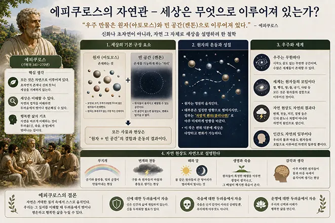 에피쿠로스의 자연관을 원자와 빈 공간, 원자의 운동, 우주의 구조와 자연현상을 통해 설명하는 이미지