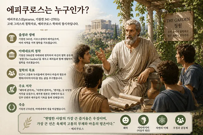 고대 아테네의 정원에서 제자들에게 쾌락과 아타락시아, 자연과 우정에 관한 철학을 가르치는 에피쿠로스의 모습