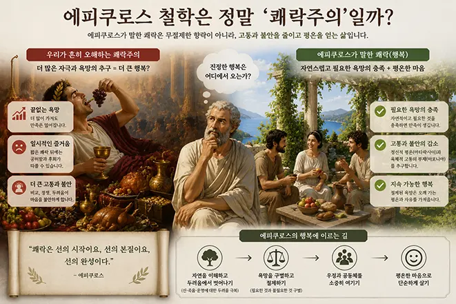 향락적 쾌락과 욕망의 절제를 통한 평온한 행복을 대비하여 에피쿠로스 철학의 쾌락주의를 설명하는 이미지