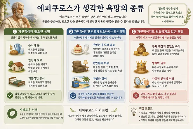 에피쿠로스가 인간의 욕망을 자연적이고 필요한 욕망, 자연적이지만 필요하지 않은 욕망, 자연적이지도 필요하지도 않은 욕망으로 구분한 이미지