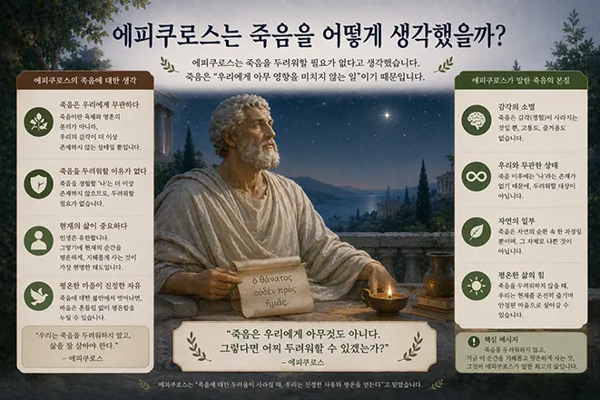 밤하늘 아래 앉아 있는 에피쿠로스와 함께 죽음에 대한 두려움에서 벗어나 평온한 삶을 추구하는 에피쿠로스 철학을 설명하는 이미지