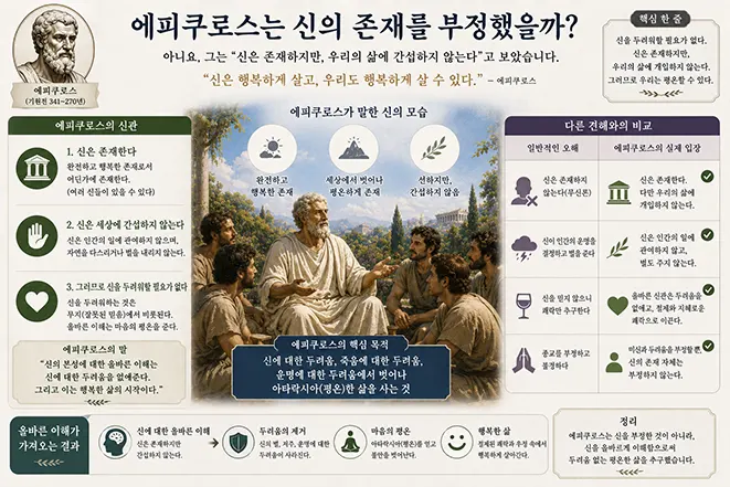 에피쿠로스가 제자들에게 신의 존재와 인간의 삶에 대한 신의 개입, 신에 대한 두려움에서 벗어나는 철학을 설명하는 이미지