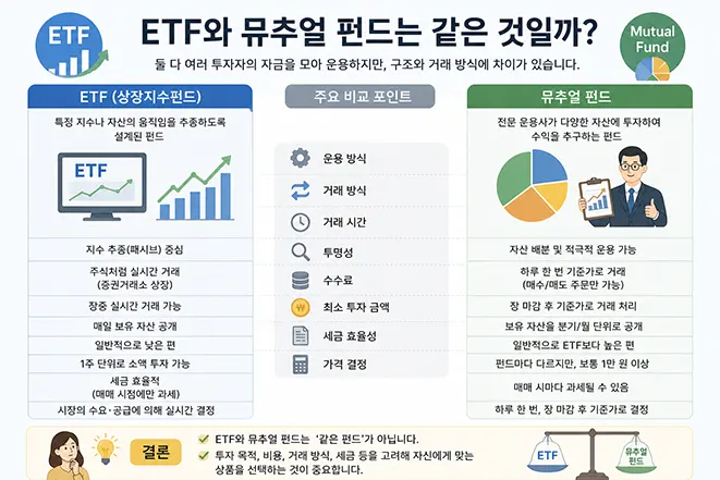 ETF와 뮤추얼 펀드의 차이점을 거래 방식, 수수료, 투자 구조 측면에서 비교한 인포그래픽