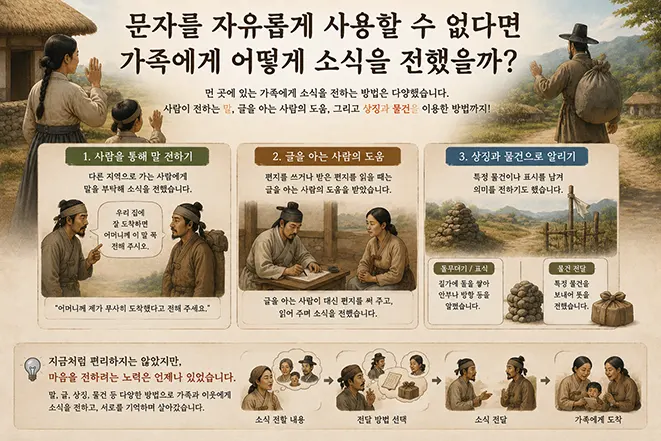 한글 이전 시대 사람들이 말 전달, 대필, 상징과 물건을 이용해 가족에게 소식을 전하는 모습을 설명하는 이미지
