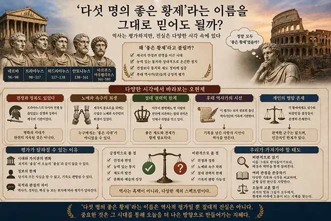 로마 오현제를 다섯 명의 좋은 황제라고 부르는 이유와 전쟁, 노예제, 절대 권력 등 한계를 함께 살펴보며 역사적 평가를 비판적으로 설명한 이미지