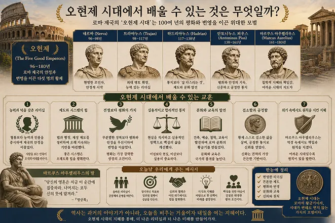 로마 오현제 시대의 다섯 황제와 현명한 리더십, 제도, 평화, 실용적 통치, 문화 발전, 공정함, 위기 대응 등 역사적 교훈을 설명한 이미지