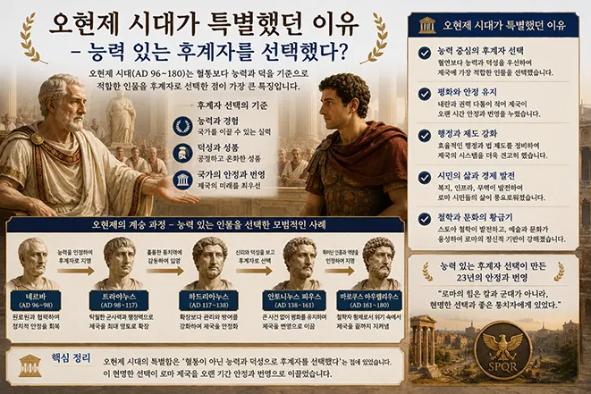 로마 오현제 시대의 네르바부터 마르쿠스 아우렐리우스까지 황위 계승 과정과 능력 있는 후계자 선택의 특징을 설명한 이미지