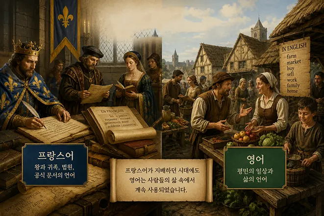노르만 정복 이후 왕과 귀족은 프랑스어를 사용하고 평민은 일상생활에서 영어를 사용하던 중세 잉글랜드의 언어 구조