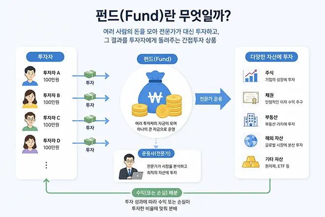 여러 투자자의 자금을 모아 전문가가 운용하고 다양한 자산에 투자하는 펀드 구조를 설명하는 인포그래픽