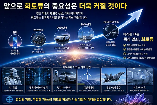 미래 산업에서 희토류의 중요성이 AI, 반도체, 전기자동차, 재생에너지, 우주항공 등 다양한 분야에서 더욱 커질 것을 설명하는 교육용 인포그래픽 이미지