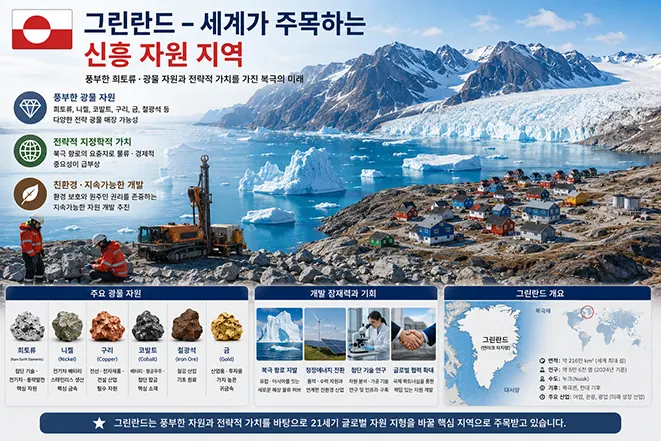 그린란드의 희토류와 전략 광물 자원, 북극 개발 잠재력, 글로벌 자원 시장에서의 중요성을 설명하는 인포그래픽