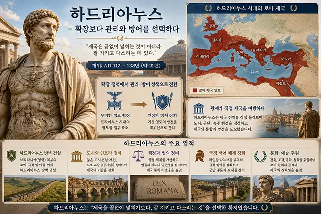 로마 황제 하드리아누스와 제국 영토 지도, 하드리아누스 방벽 및 국경 방어와 행정 정비 정책을 설명한 이미지