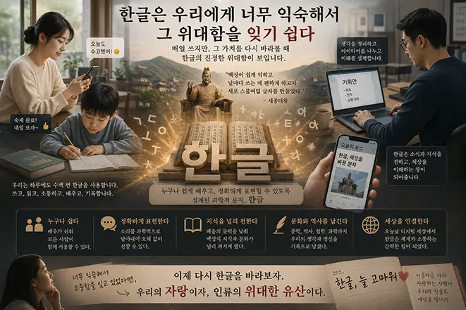 일상에서 한글을 사용하는 사람들과 세종대왕, 훈민정음을 함께 보여주며 한글의 가치와 위대함을 표현한 이미지