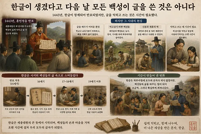 훈민정음 창제 이후에도 교육과 사회적 환경에 따라 한글이 백성들에게 점진적으로 확산된 과정을 설명하는 이미지
