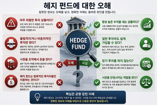 헤지 펀드에 대한 대표적인 오해와 사실을 비교하여 설명하는 인포그래픽 이미지