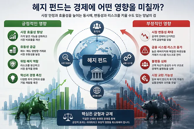 헤지 펀드가 경제에 미치는 긍정적인 영향과 부정적인 영향을 비교하여 표현한 인포그래픽 이미지