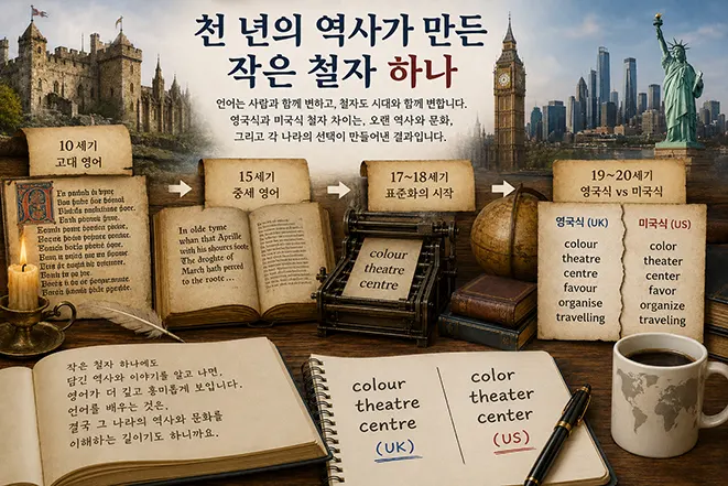 영국식 영어와 미국식 영어 철자가 천 년의 역사 속에서 어떻게 달라졌는지를 시대별로 설명한 인포그래픽