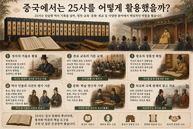 중국에서 25사를 정치와 교육, 문화, 외교 등에 활용한 사례를 설명하는 인포그래픽