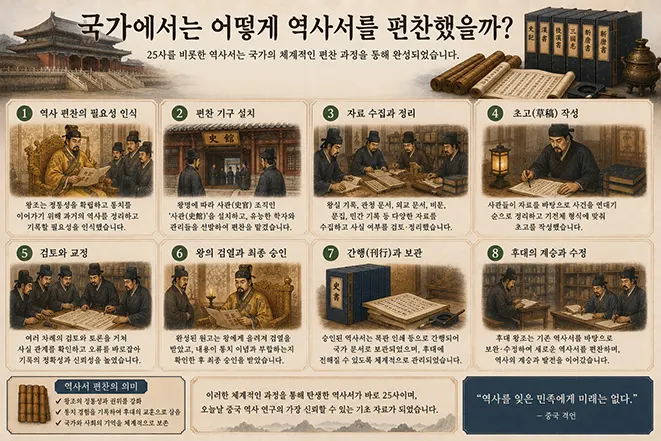 중국에서 국가가 공식 역사서를 편찬하는 과정을 단계별로 설명한 인포그래픽