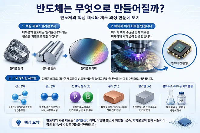 실리콘 웨이퍼와 반도체 제조 과정을 설명하고 반도체를 구성하는 주요 재료를 소개하는 교육용 인포그래픽 이미지
