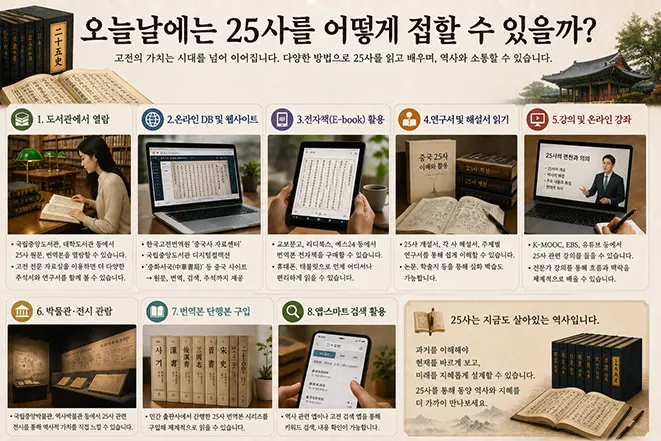 오늘날 25사를 도서관과 인터넷, 전자책, 강의 등을 통해 접하는 다양한 방법을 설명하는 인포그래픽