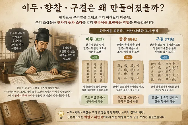 한글 창제 이전 한자를 활용해 한국어를 표현했던 이두·향찰·구결의 특징과 사용 방법을 설명하는 이미지