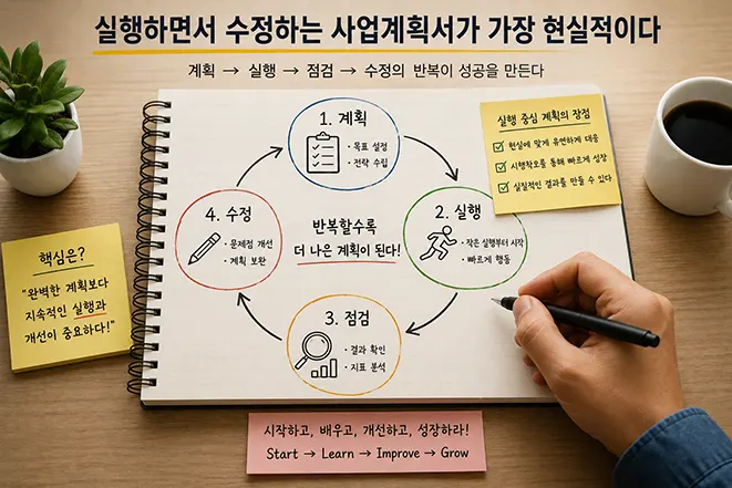 사업계획서를 실행하면서 점검하고 수정하여 지속적으로 발전시키는 과정을 표현한 이미지