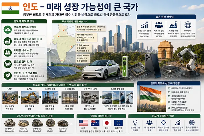 인도의 희토류 매장 잠재력과 주요 광산 지역, 첨단 산업, 미래 성장 가능성을 설명하는 인포그래픽