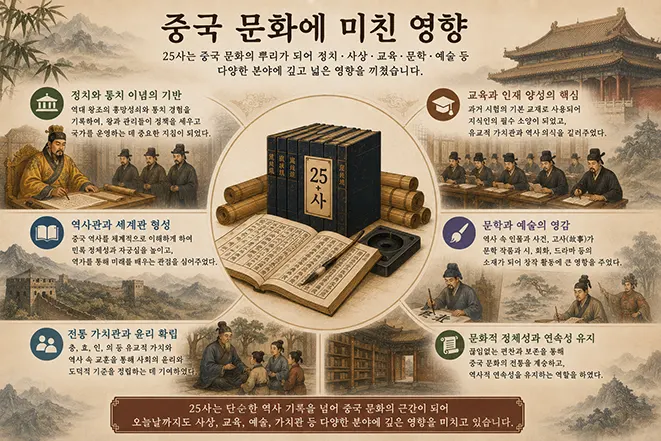 중국 25사가 정치와 교육, 역사, 문화에 미친 영향을 설명하는 인포그래픽