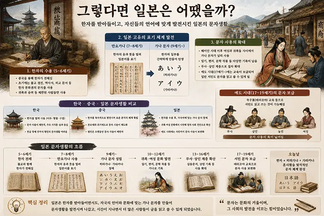 일본이 한자를 받아들인 뒤 만요가나와 히라가나·가타카나를 발전시키고 문자 사용을 확대해 간 과정을 설명하는 이미지