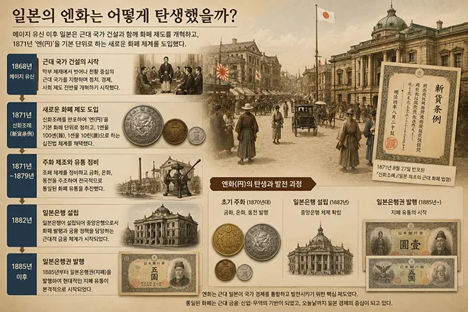 메이지 유신 이후 1871년 신화조례와 일본은행 설립을 거쳐 엔화가 탄생한 과정을 설명하는 이미지