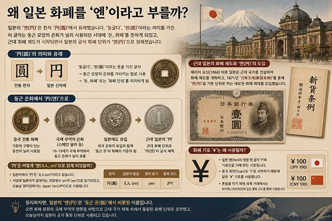 일본 화폐 엔의 이름이 한자 圓과 円에서 유래하고 근대 화폐 단위로 정착한 과정을 설명하는 이미지