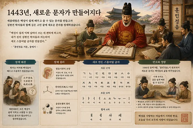 1443년 세종대왕의 훈민정음 창제와 한글의 창제 배경, 원리, 새로운 글자 체계를 설명하는 이미지