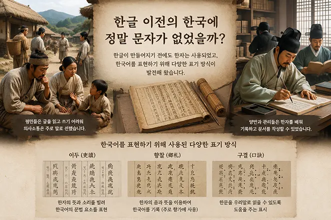 한글 이전 한국의 문자생활과 한자·이두·향찰·구결의 사용 모습을 설명하는 이미지